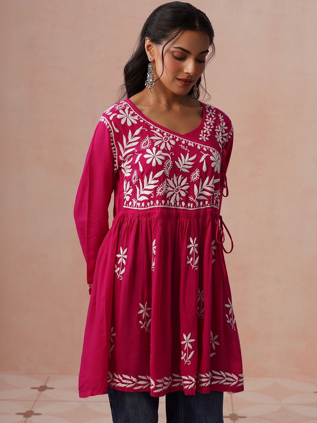 Kurta Kerja Benang Sulam Bunga Rumah Wanita Chikankari