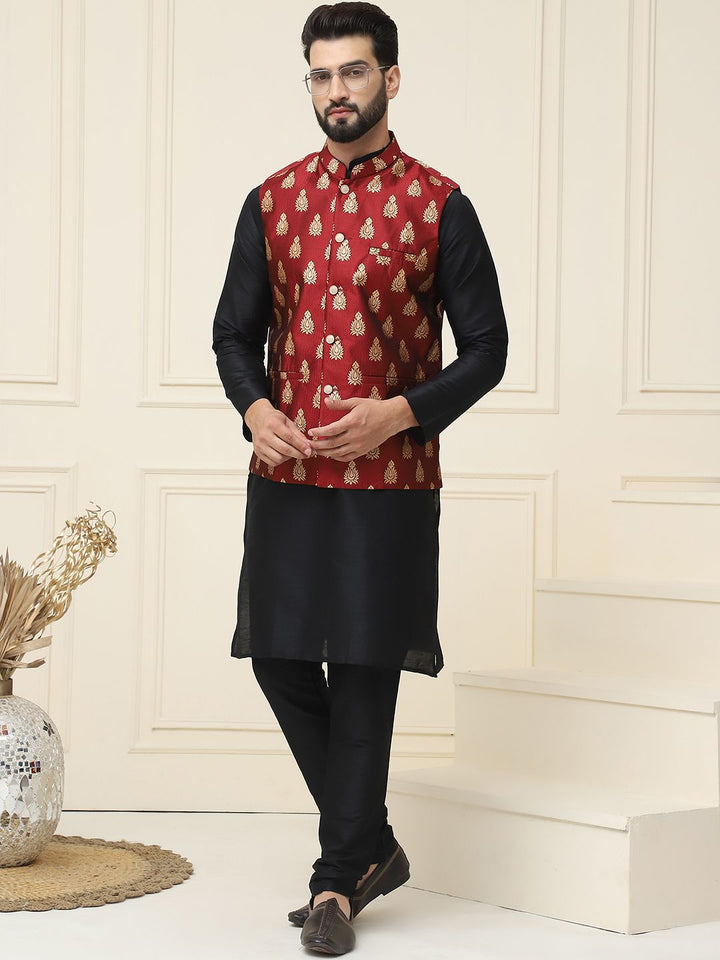 SOJANYA Mandarin Collar Silk Cotton Straight Kurta with Churidar & Nehru jacket