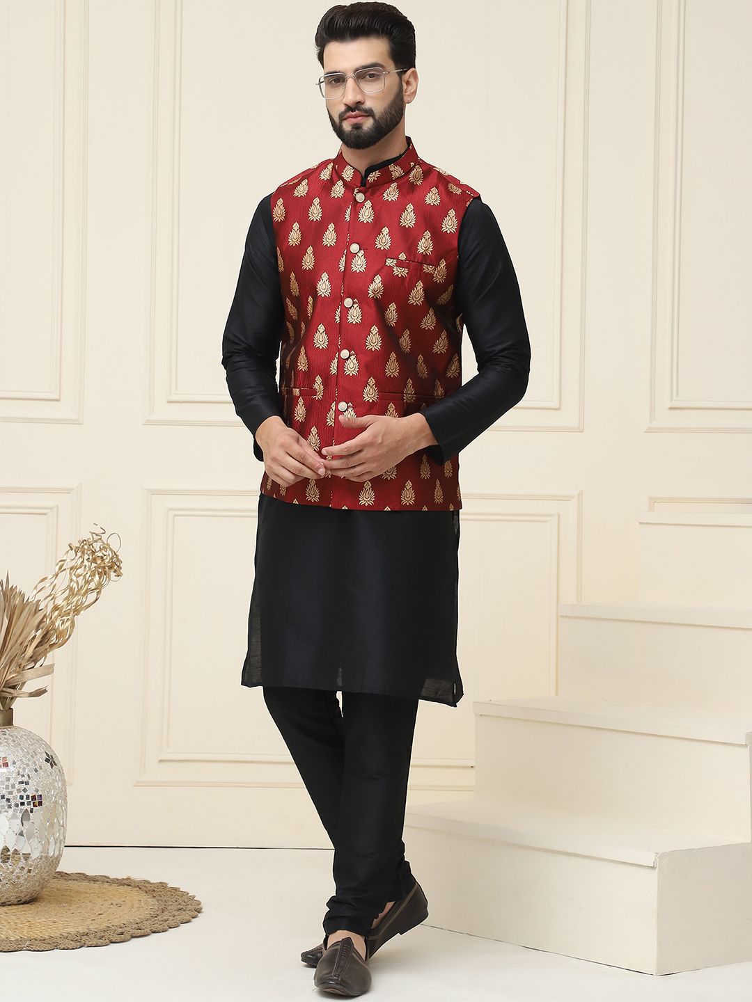 SOJANYA Mandarin Collar Silk Cotton Straight Kurta with Churidar & Nehru jacket