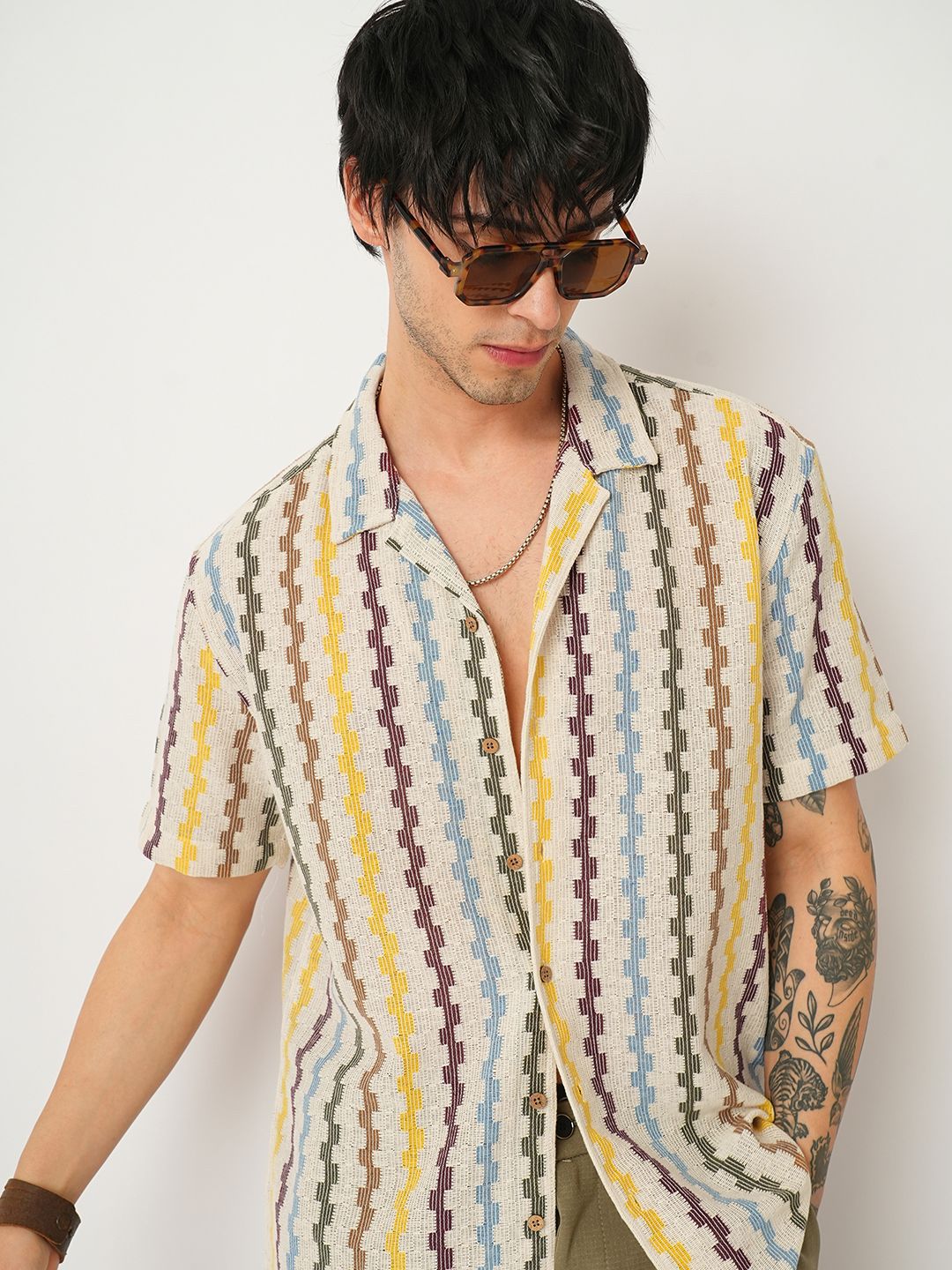 VASTRADO Men Classic Cuban Collar Vertical Striped Cotton Oversized Casual Shirt