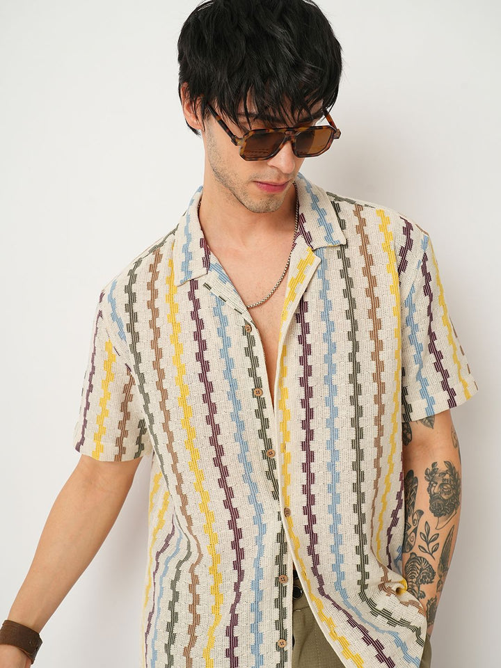VASTRADO Men Classic Cuban Collar Vertical Striped Cotton Oversized Casual Shirt