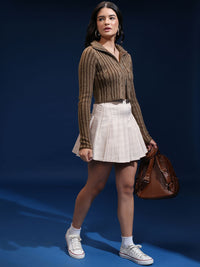 Tokyo Talkies Women Cable Knit Crop Cardigan with Zip Detail