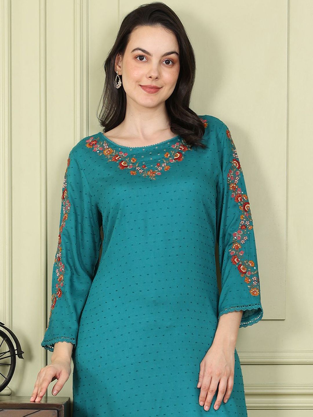 W Women Striped Flared Sleeves Sequinned Kurta