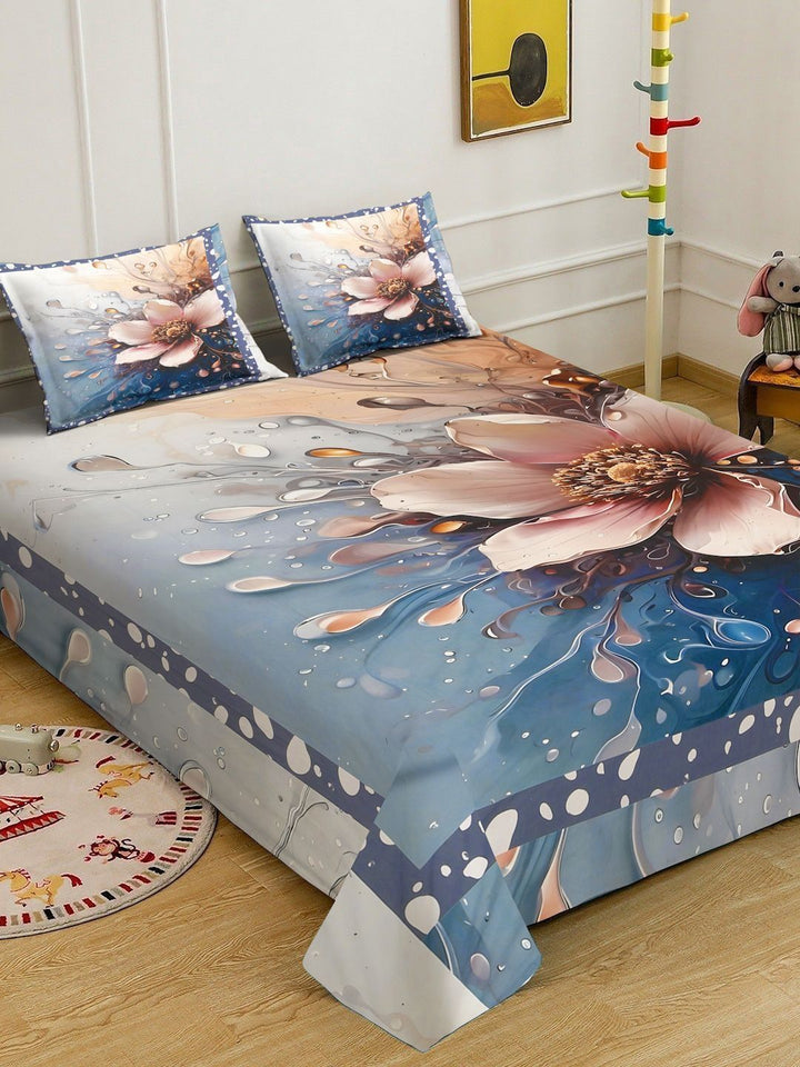 Myntra Elegant Homes Blue & White Floral 400 TC King 7D Bedsheet with 2 Pillow Covers