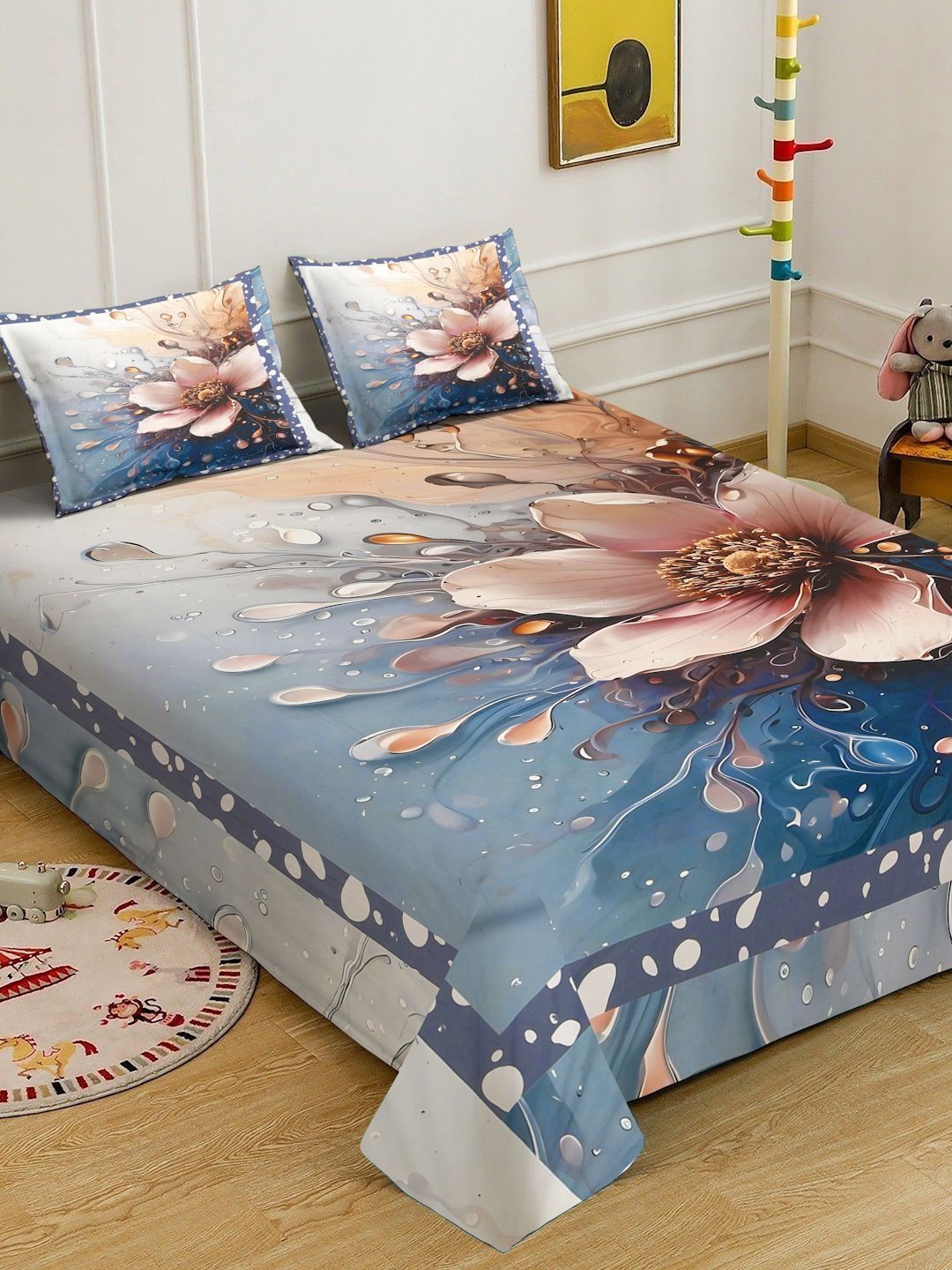 Myntra Elegant Homes Blue & White Floral 400 TC King 7D Bedsheet with 2 Pillow Covers