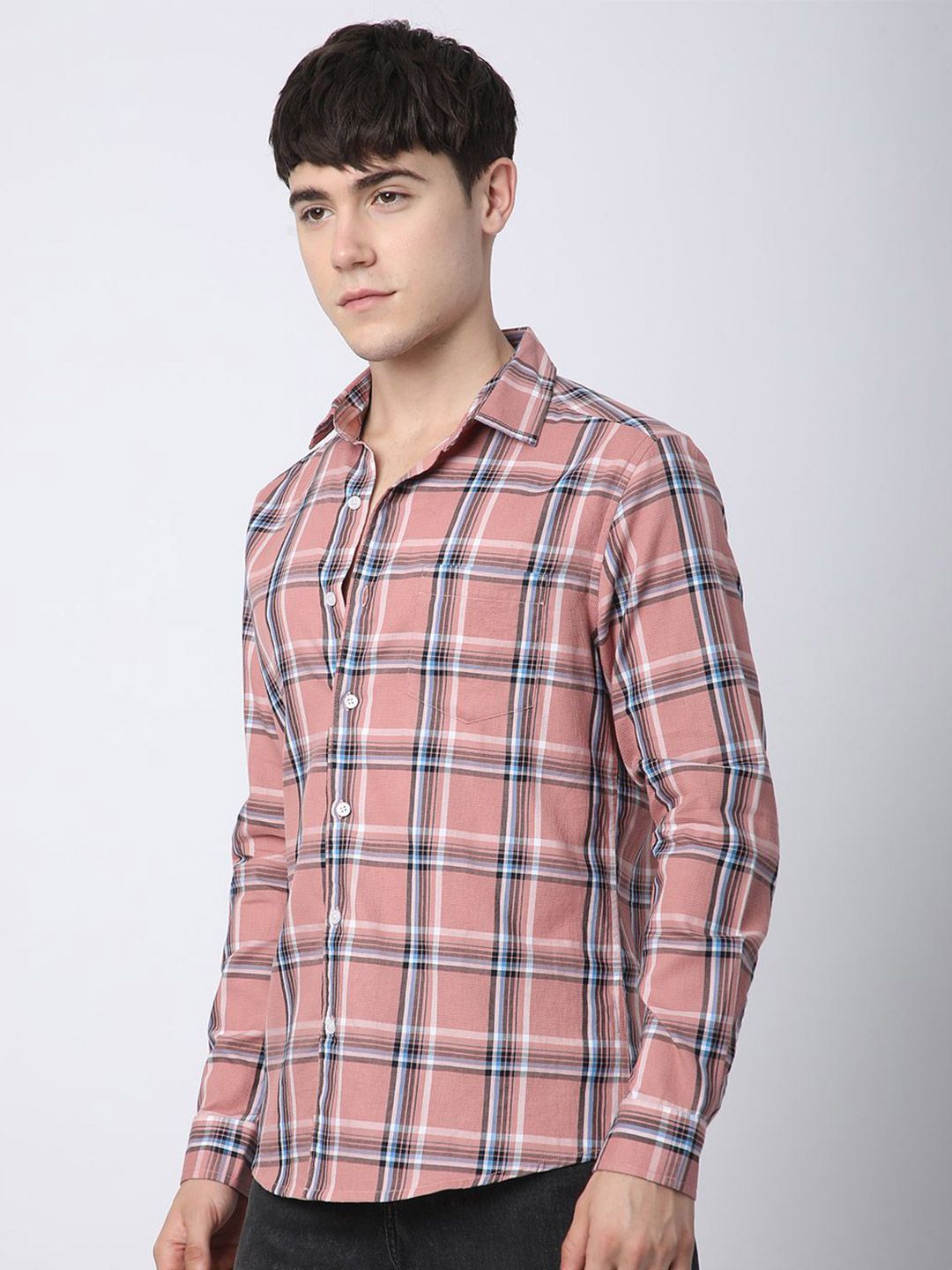 VASTRADO Premium Cotton Dark Peach Dupplin Checked Pure Cotton Shirt