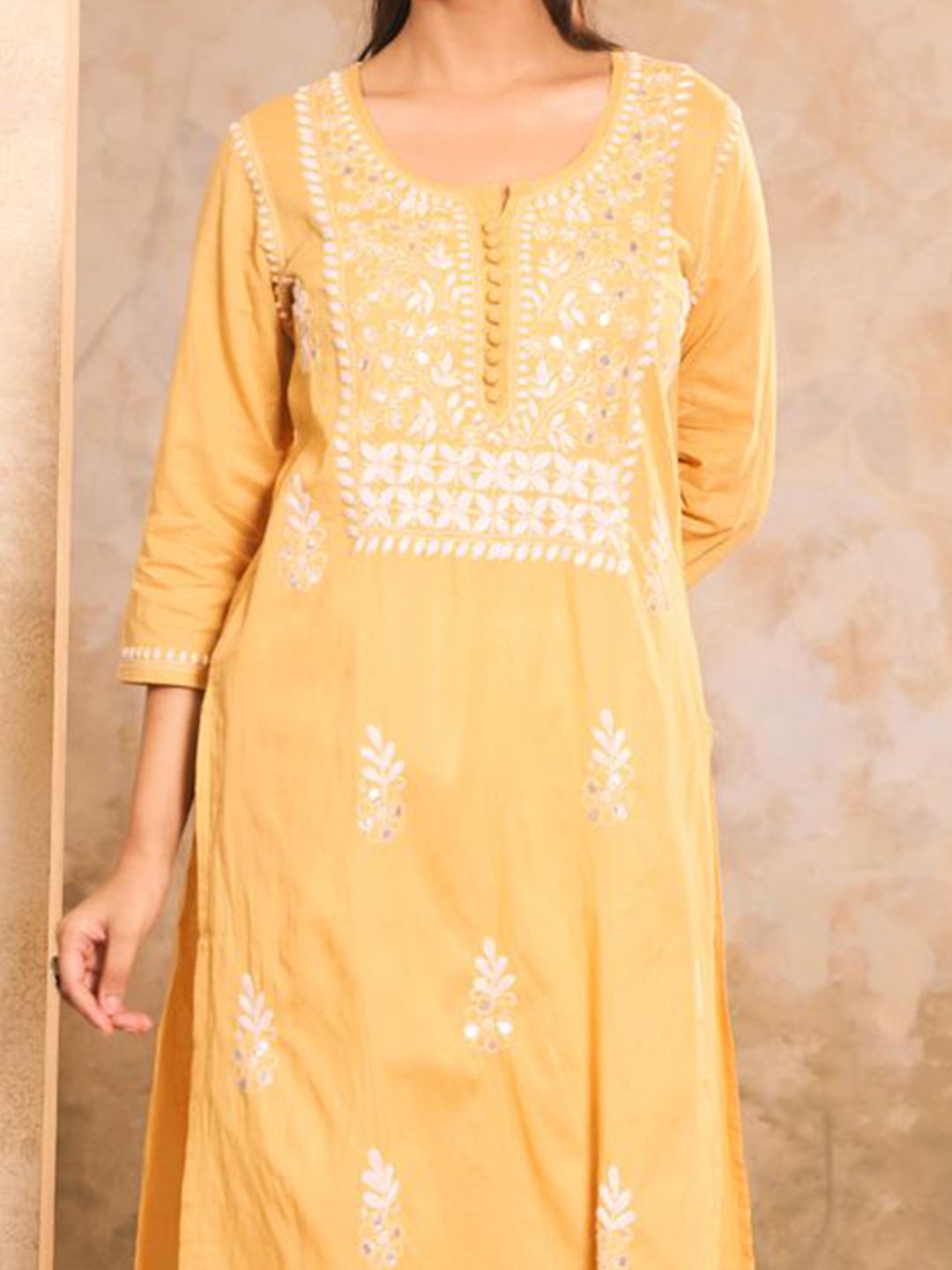 Rumah Wanita Chikankari Cotton Kuning Chikankari Sulam Kurta