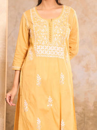 Rumah Wanita Chikankari Cotton Kuning Chikankari Sulam Kurta
