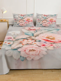 KLOTTHE Grey & Pink Floral 300 TC King Fine Bedsheet Set - 98 Inci x 90 Inci