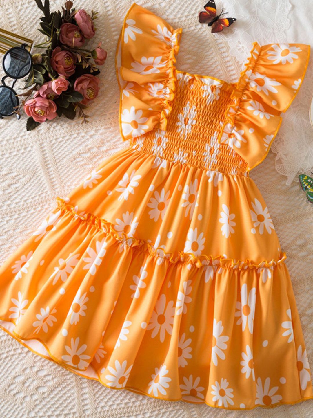 YK Floral Print Flutter Sleeve Fit & Flare Dress