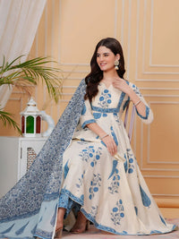 KALINI Floral Printed Panelled Anarkali Pure Cotton Kurta With Trousers & Dupatta