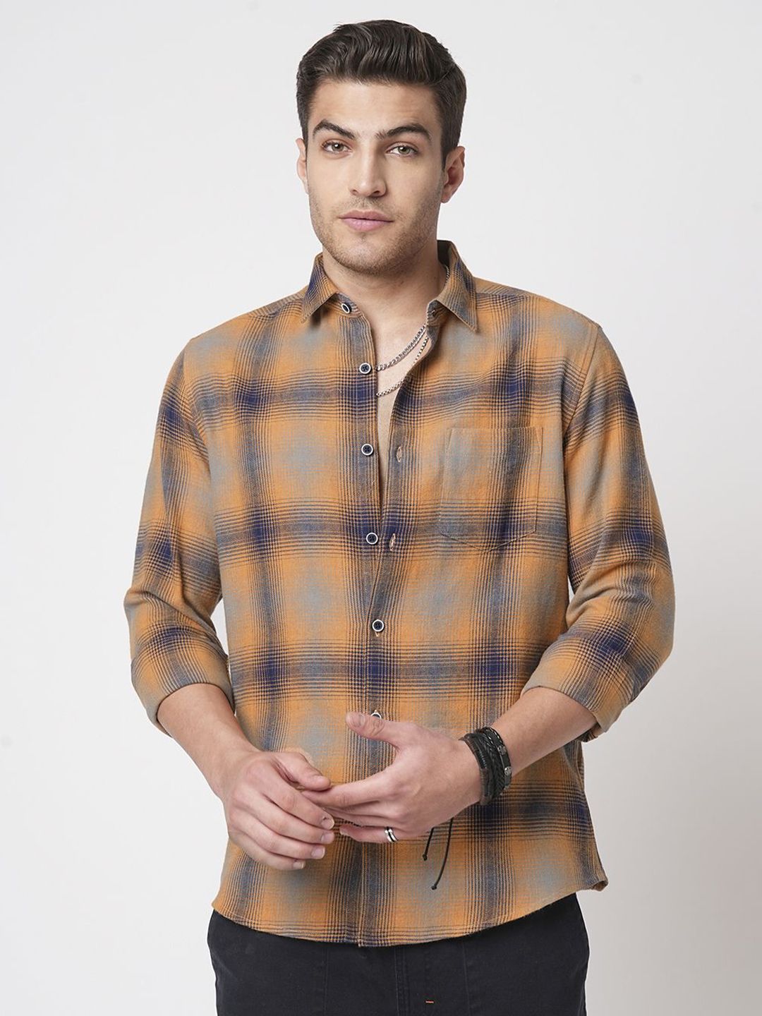 VASTRADO Men Classic Fit Spread Collar Checked Cotton Casual Shirt