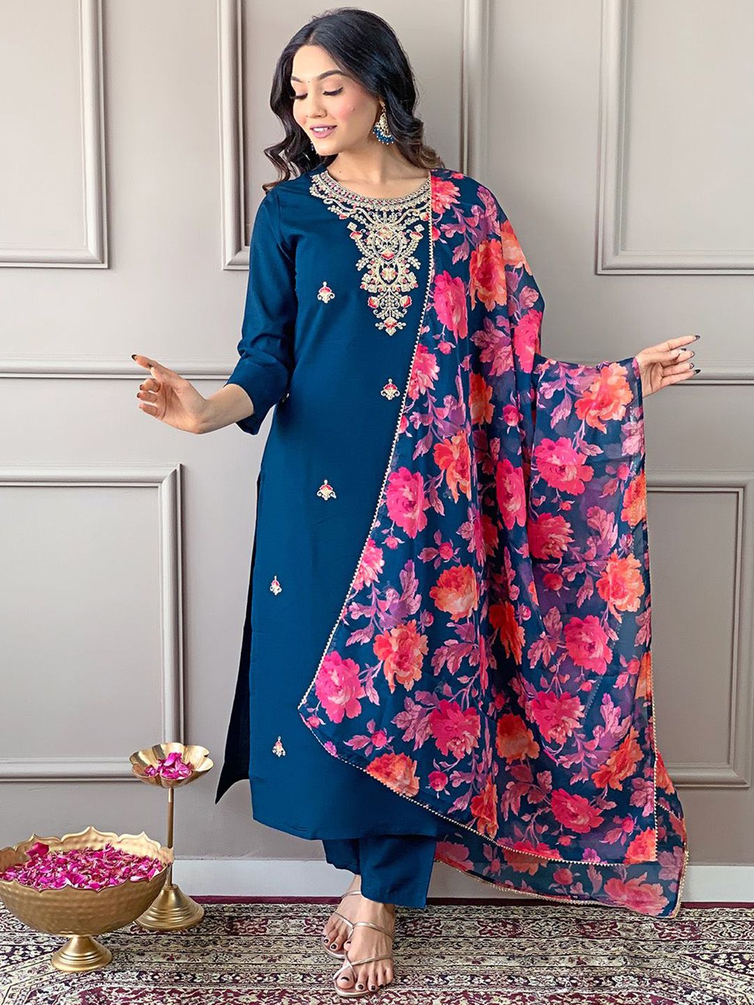 KALINI Women Floral Embroidered Regular Kurta with Trousers & With Dupatta