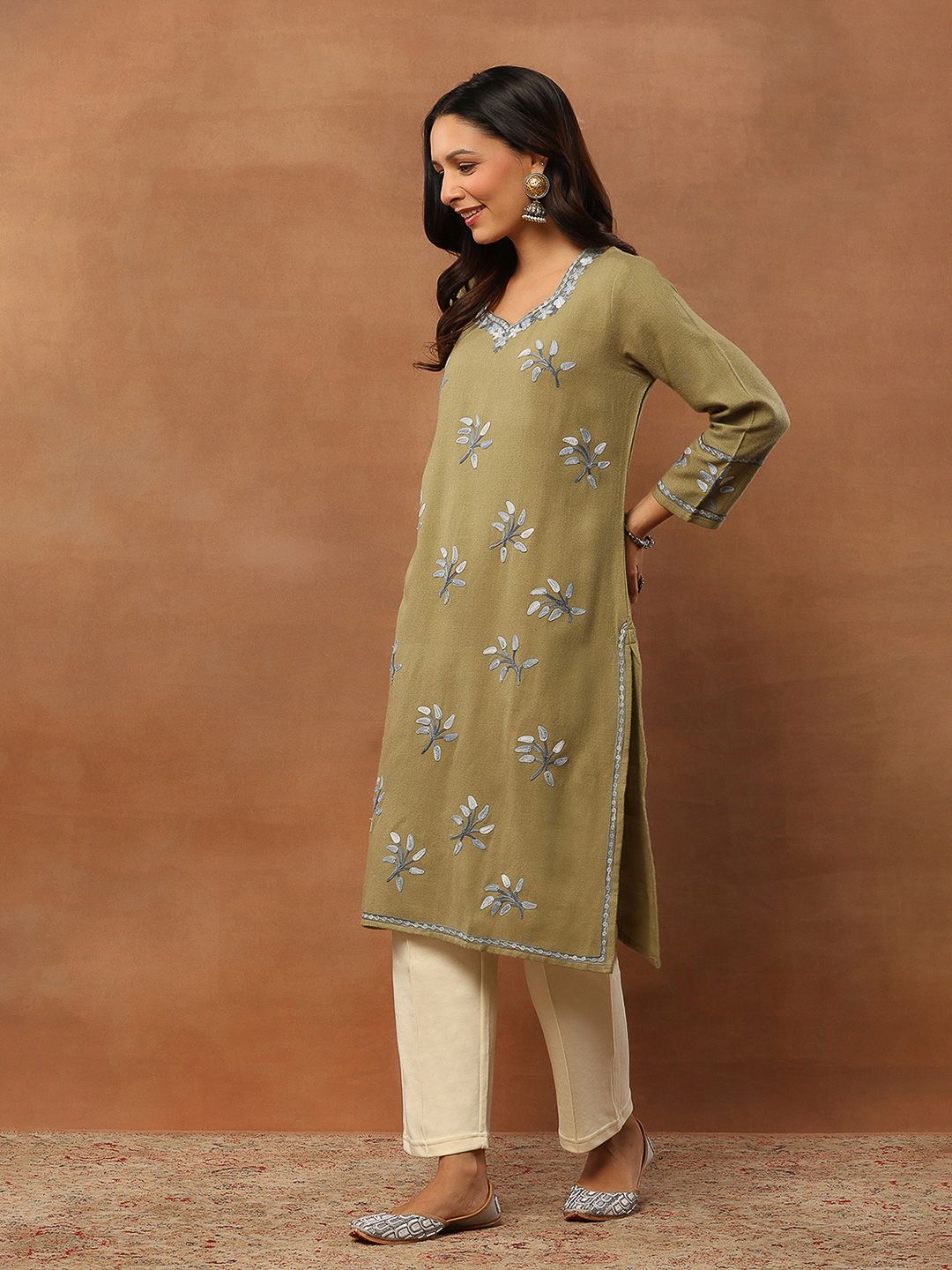 House of Chikankari Women Olive Woolen Aari Sulam Kurta