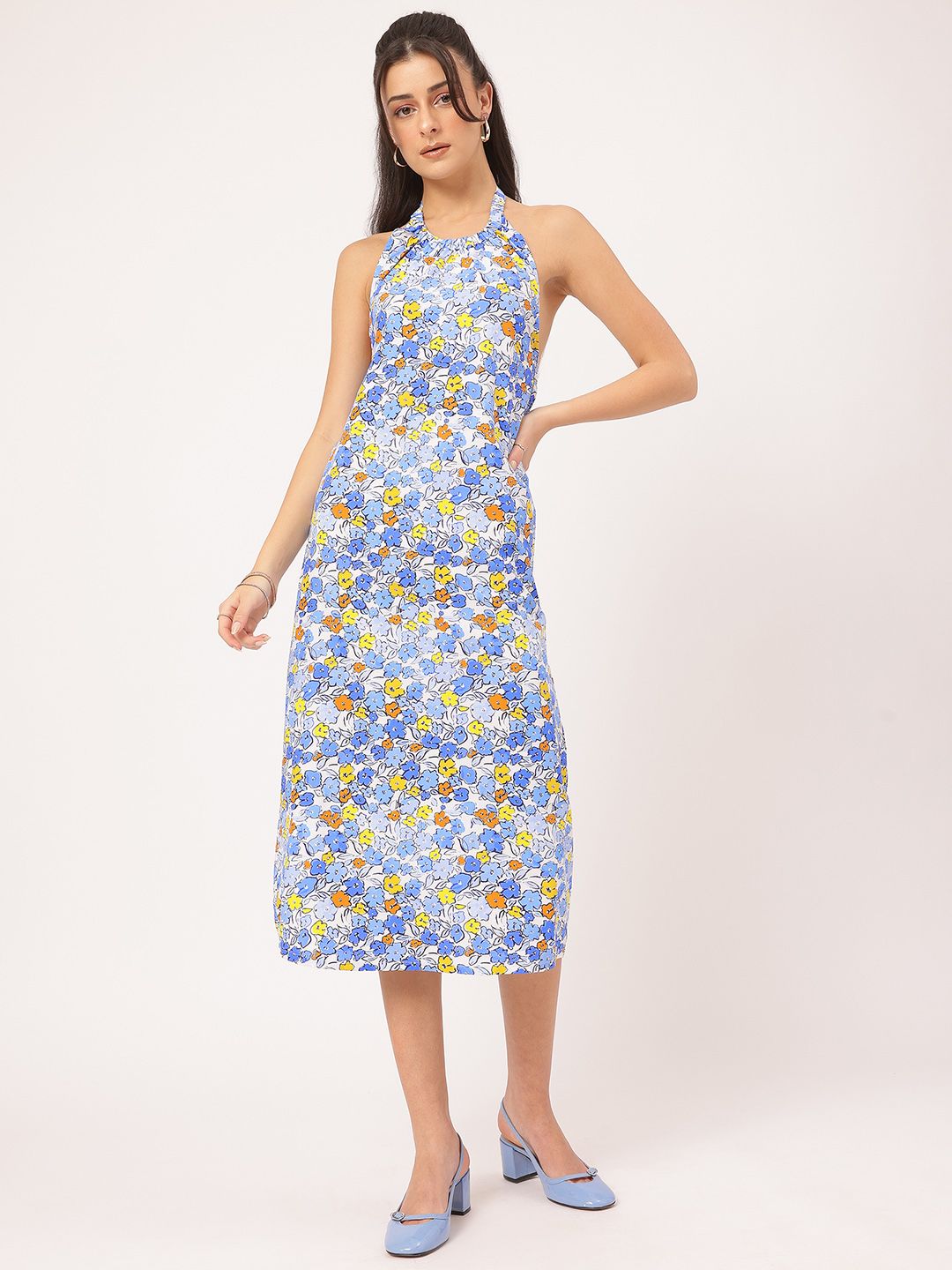 DressBerry Flirty Fusion Floral-Printed Halter Neck Open-Back Sheath Midi Dress