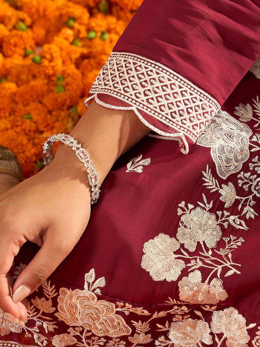 Indo Era Floral Embroidered Straight Thread Work Kurta with Trousers & Dupatta
