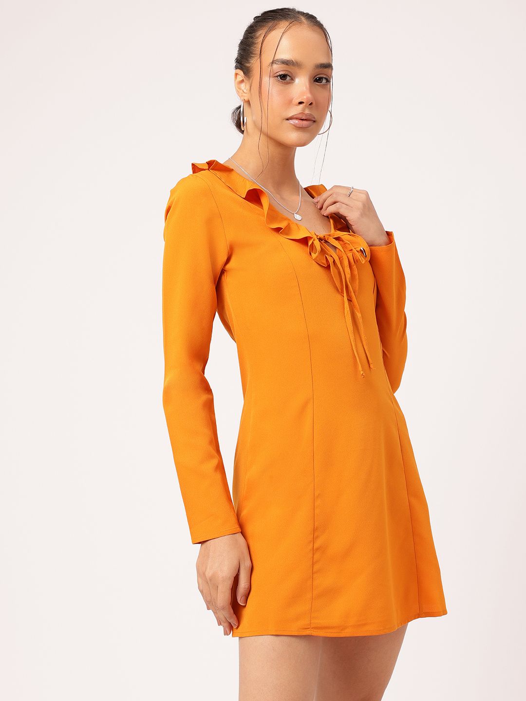 DressBerry Romantic Ruffles Tie-Up Neck Mini A-Line Dress