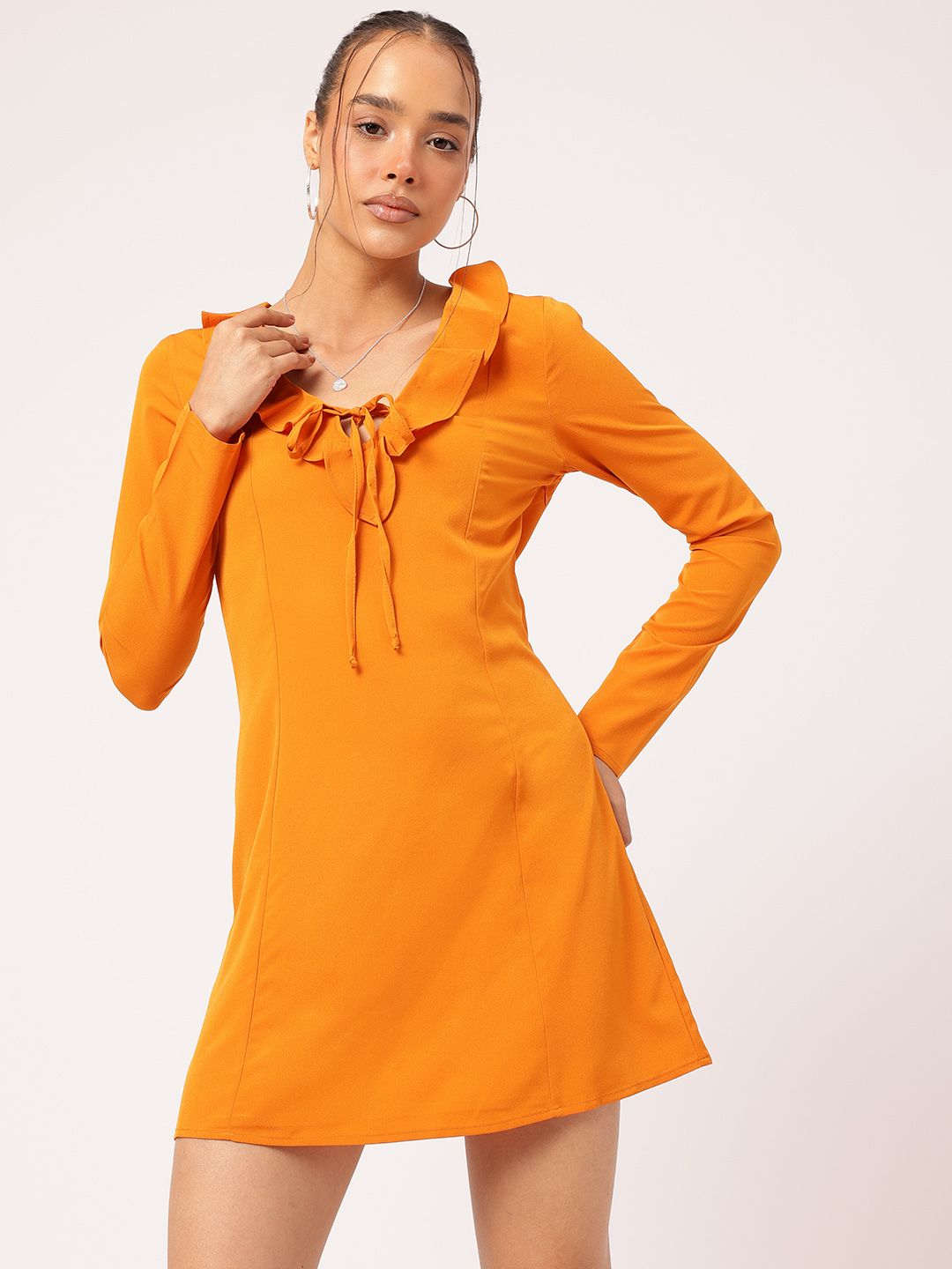 DressBerry Romantic Ruffles Tie-Up Neck Mini A-Line Dress