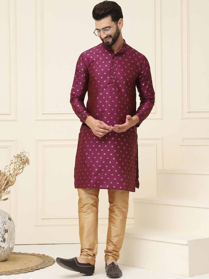 SOJANYA Geometric Woven Design Band Collar Long Sleeves Regular Silk Straight Kurta