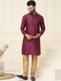 SOJANYA Geometric Woven Design Band Collar Long Sleeves Regular Silk Straight Kurta