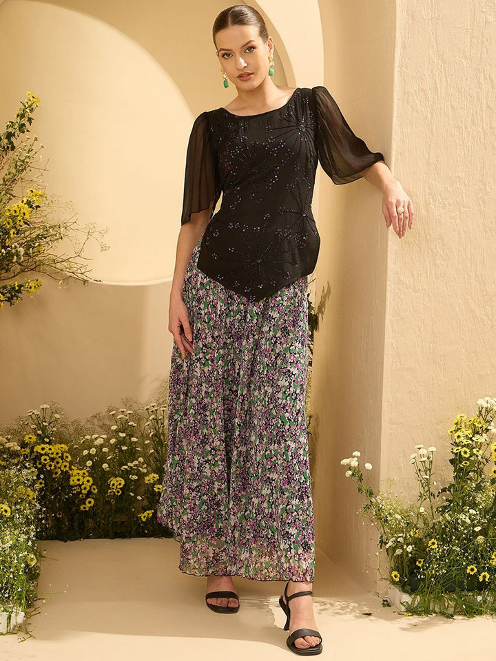 Antheaa Embellished Round Neck Top With Palazzo