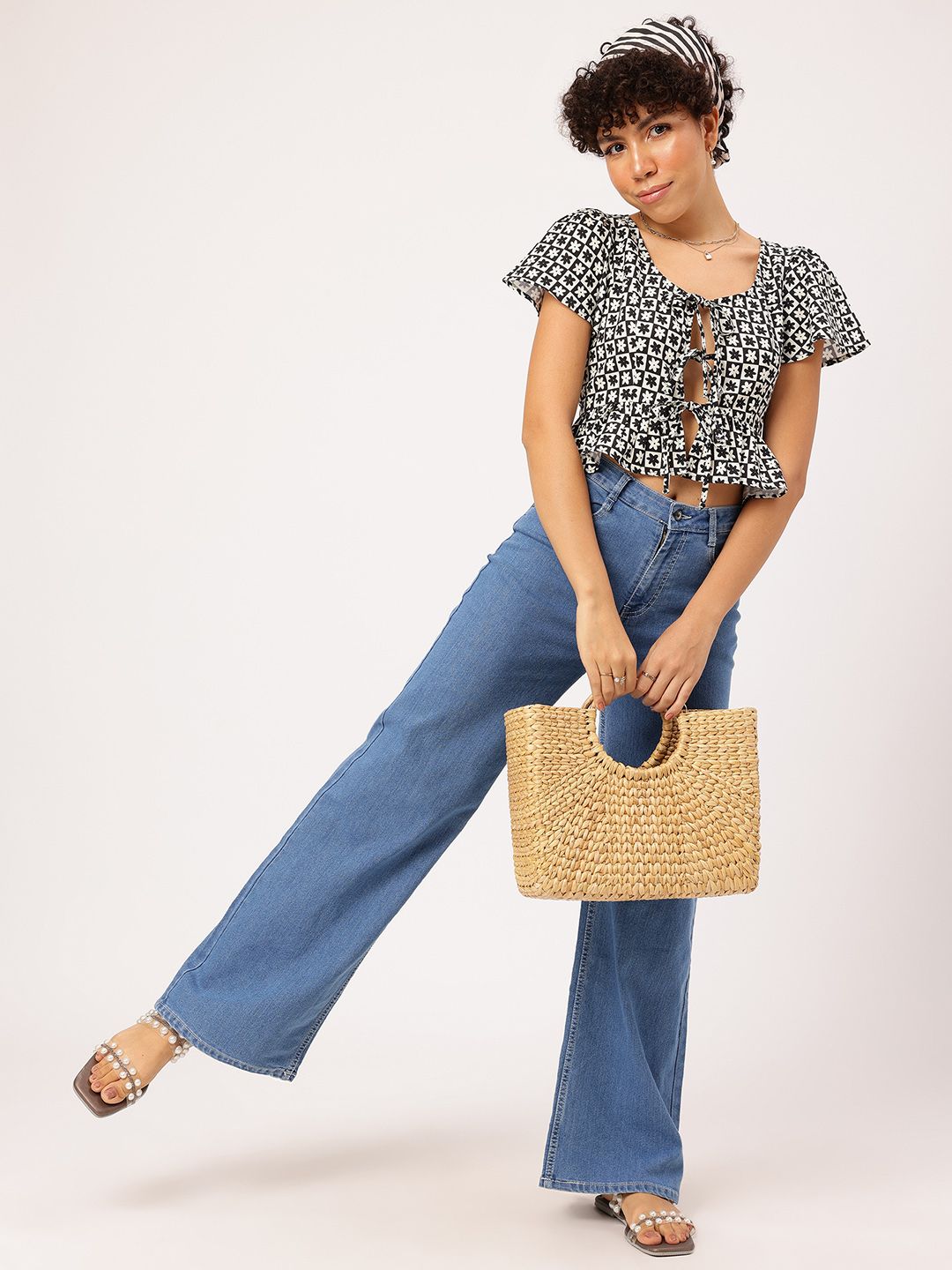 DressBerry Checked-Out Chic Floral Monochrome Peplum Top