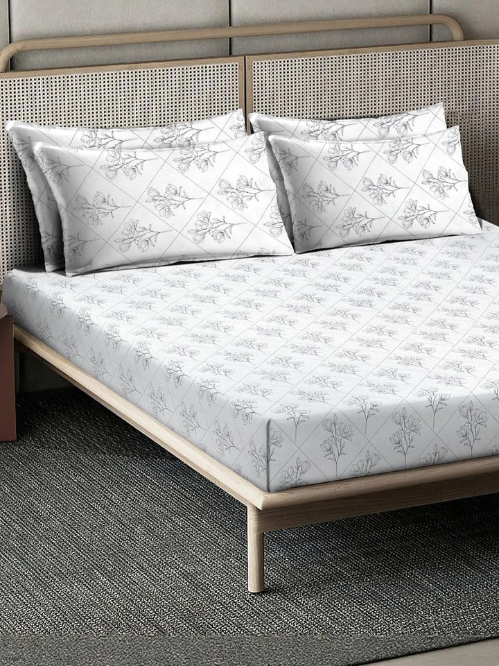 KLOTTHE Off White Printed Dilengkapi 400TC Kapas Tulen Cadar Super King & 4 Sarung Bantal