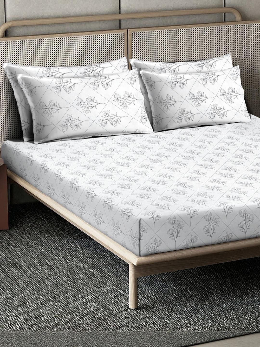 KLOTTHE Off White Printed Dilengkapi 400TC Kapas Tulen Cadar Super King & 4 Sarung Bantal