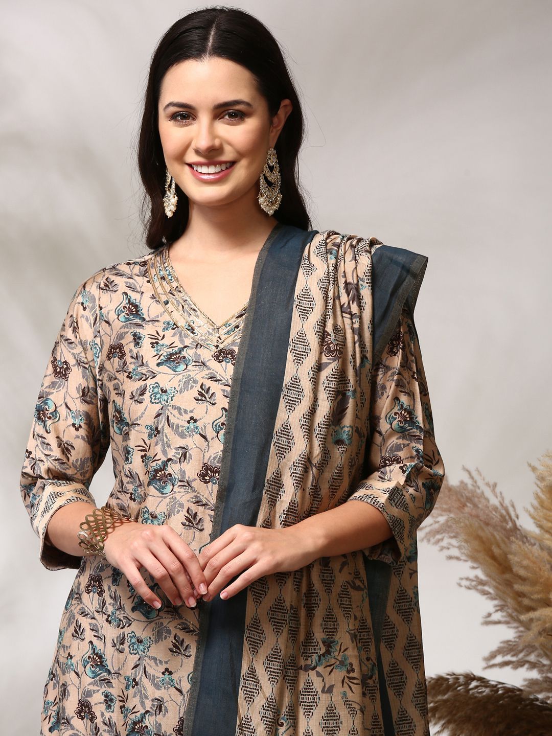 Anouk Floral Printed Regular Straight Kurta with Trousers & Dupatta