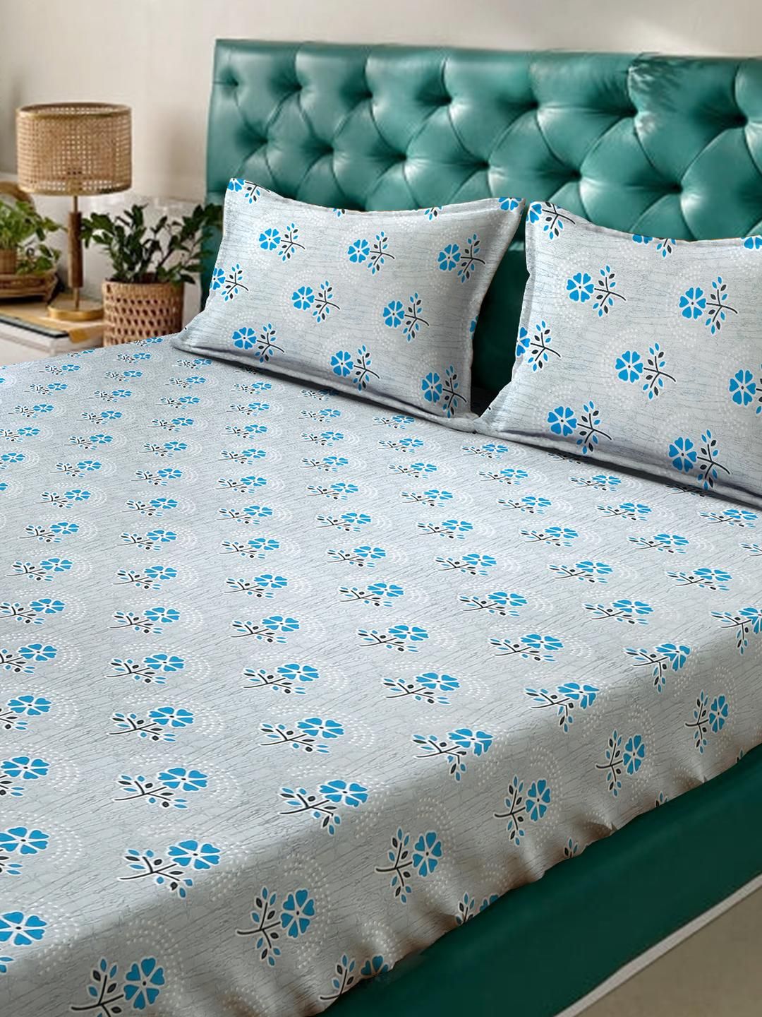 KLOTTHE Blue Floral Printed Dilengkapi 400 TC Kapas Cadar King & 2 Sarung Bantal