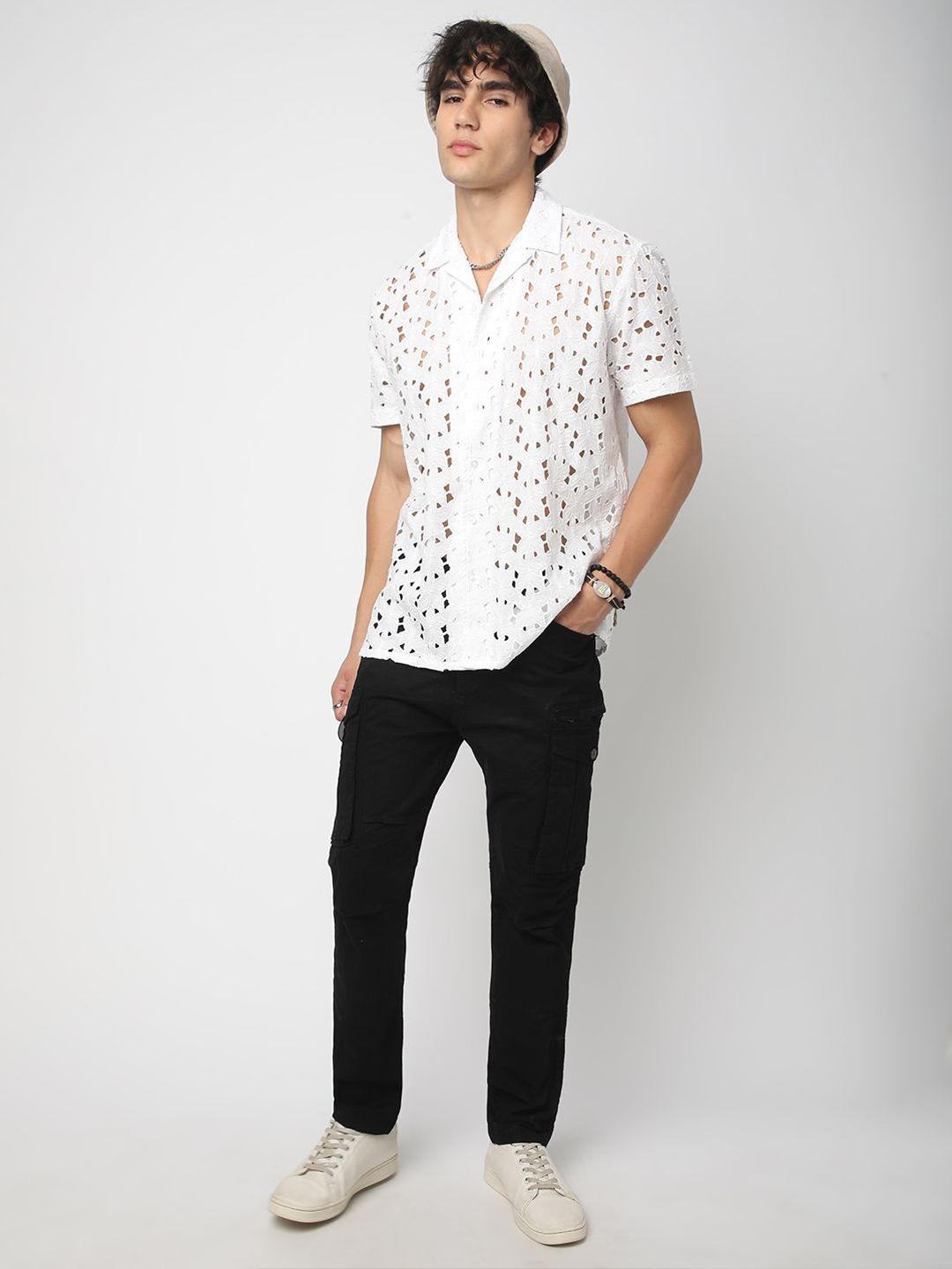 VASTRADO Men Classic Cuban Collar Textured Cotton Oversized Casual Shirt