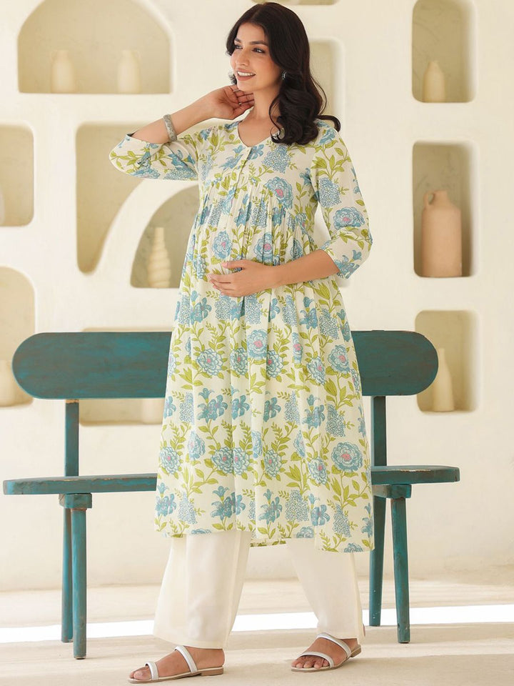 Janasya Women's Off White Pure Cotton Floral Printed A-line Maternity Kurta