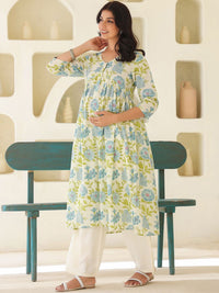Janasya Women's Off White Pure Cotton Floral Printed A-line Maternity Kurta