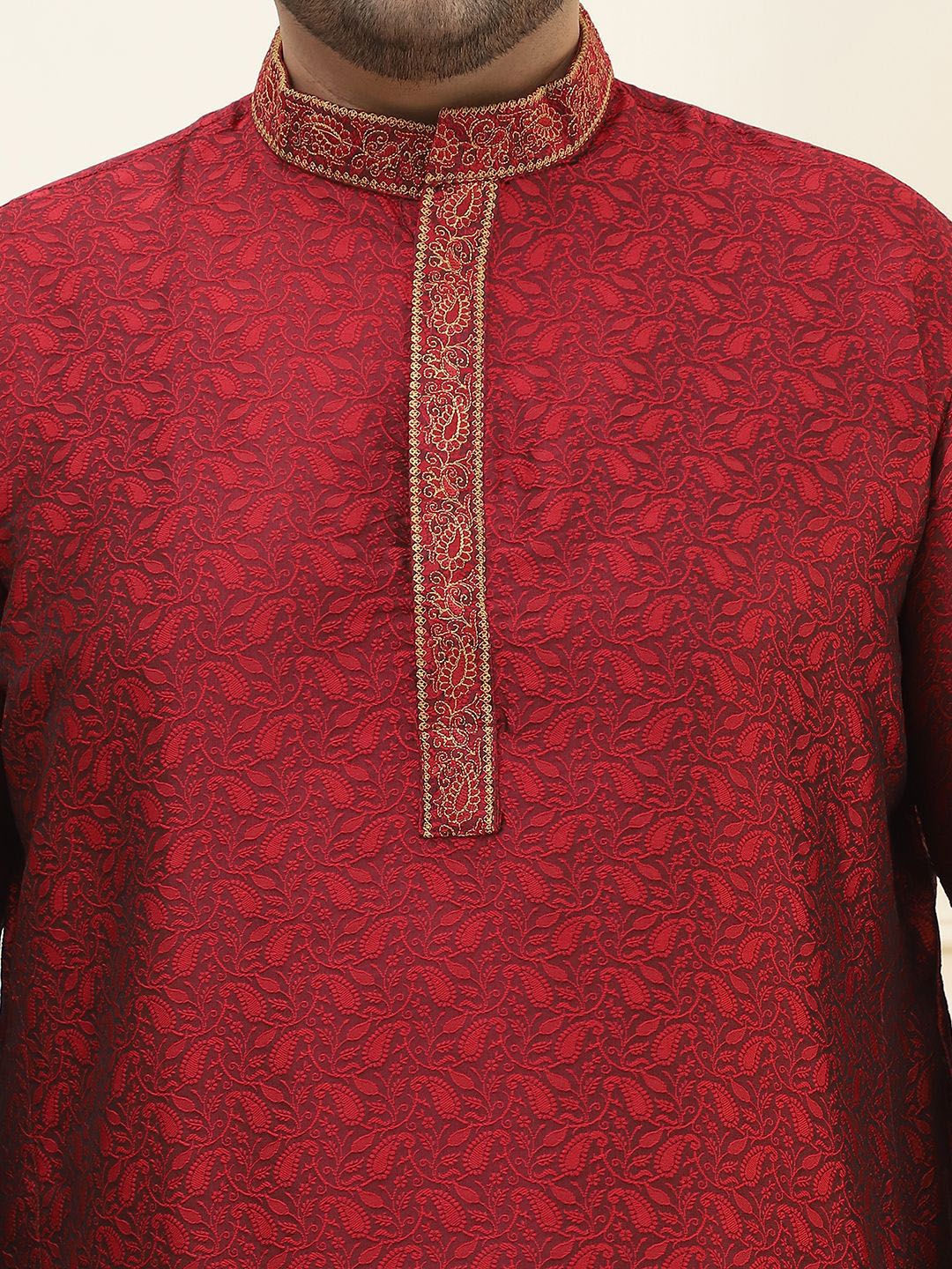 SOJANYA PLUS Floral Woven Design Mandarin Collar Regular Straight Kurta with Pyjamas