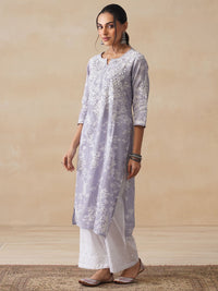 House of Chikankari Women Grey Mulmul Chikankari Embroidered Kurta