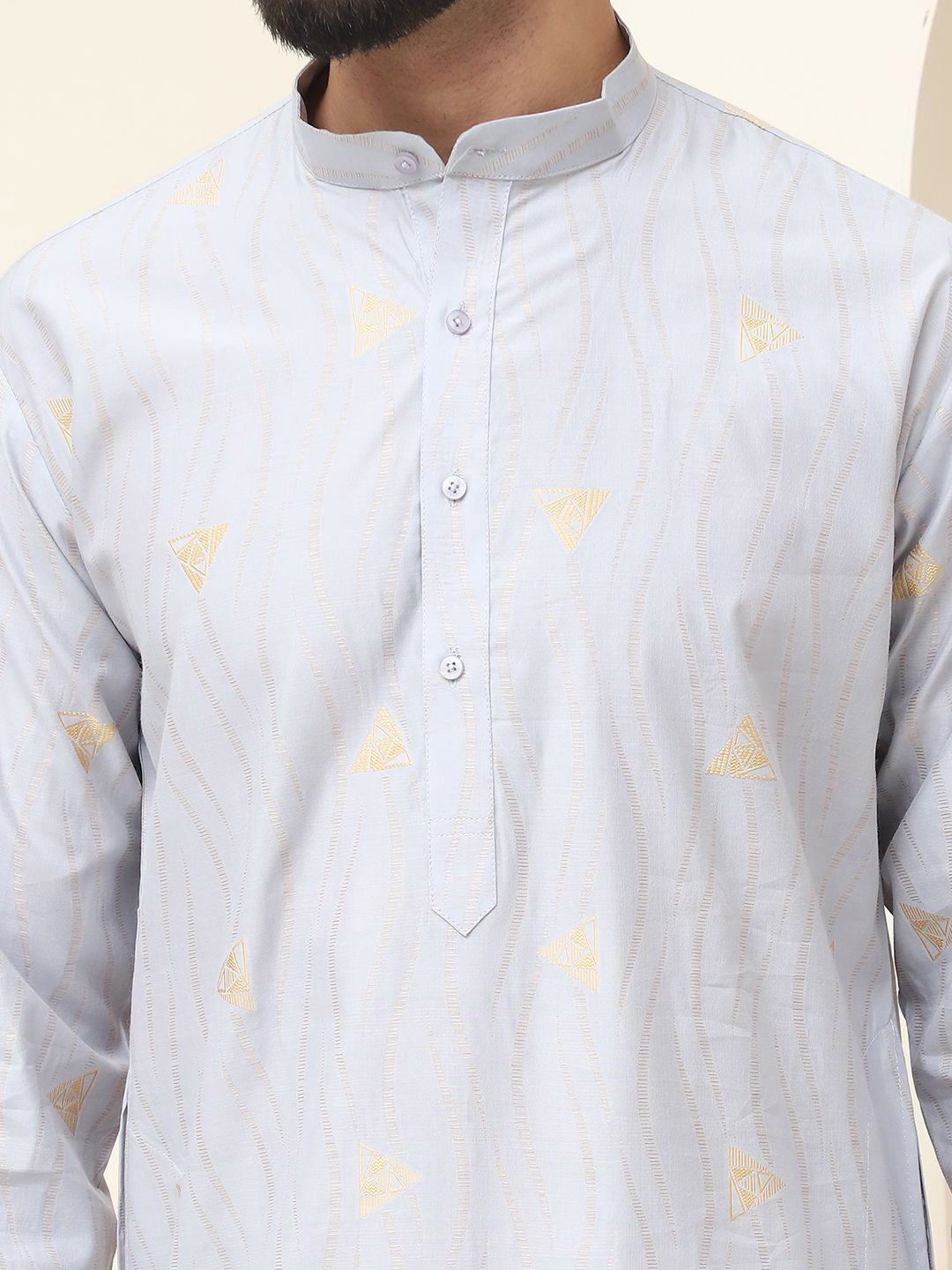 SOJANYA Geometric Woven Design Mandarin Collar Silk Cotton Straight Kurta dengan Piyama