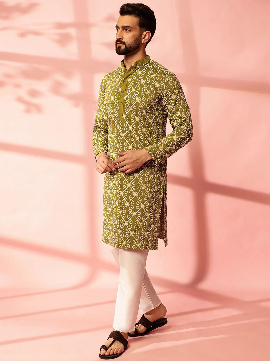 Anouk Men Floral Embroidered Regular Pure Cotton Kurta with Pyjamas