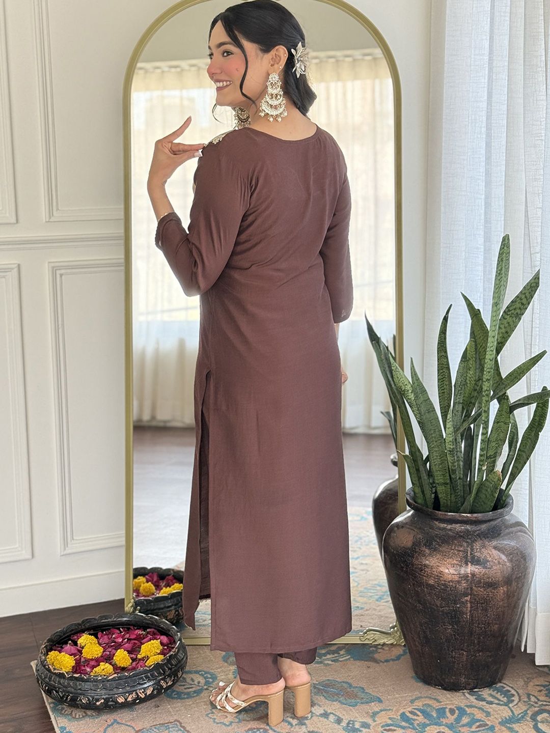 KALINI Yoke Design Sequunied Notch Neck Pure Silk Straight Kurta With Trousers & Dupatta