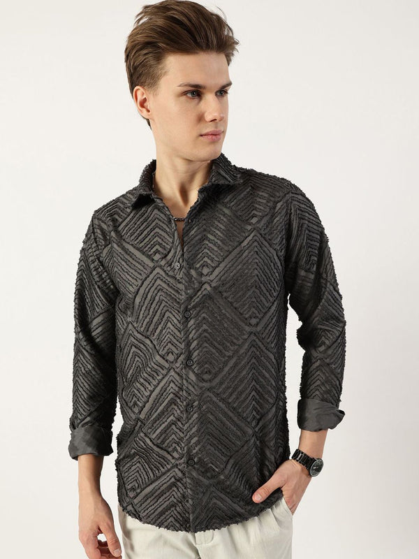 Thomas Scott Men Premium Spread Collar Textured Solid Slim Fit Casual Shirt