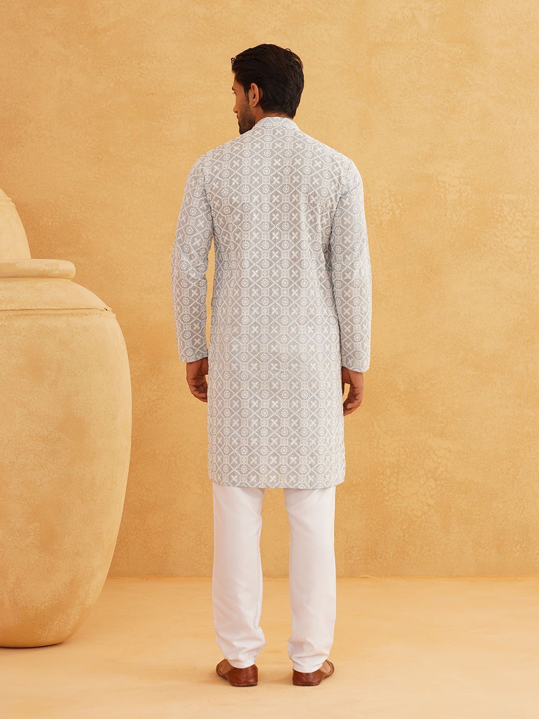 SOJANYA Floral Embroidered Sequinned Band Collar Pure Cotton Straight Kurta With Churidar