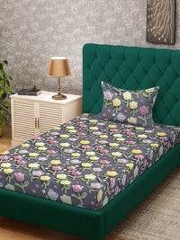 Myntra Elegant Grey Floral 300 TC Single 7D Bedsheet with 1 Pillow Cover