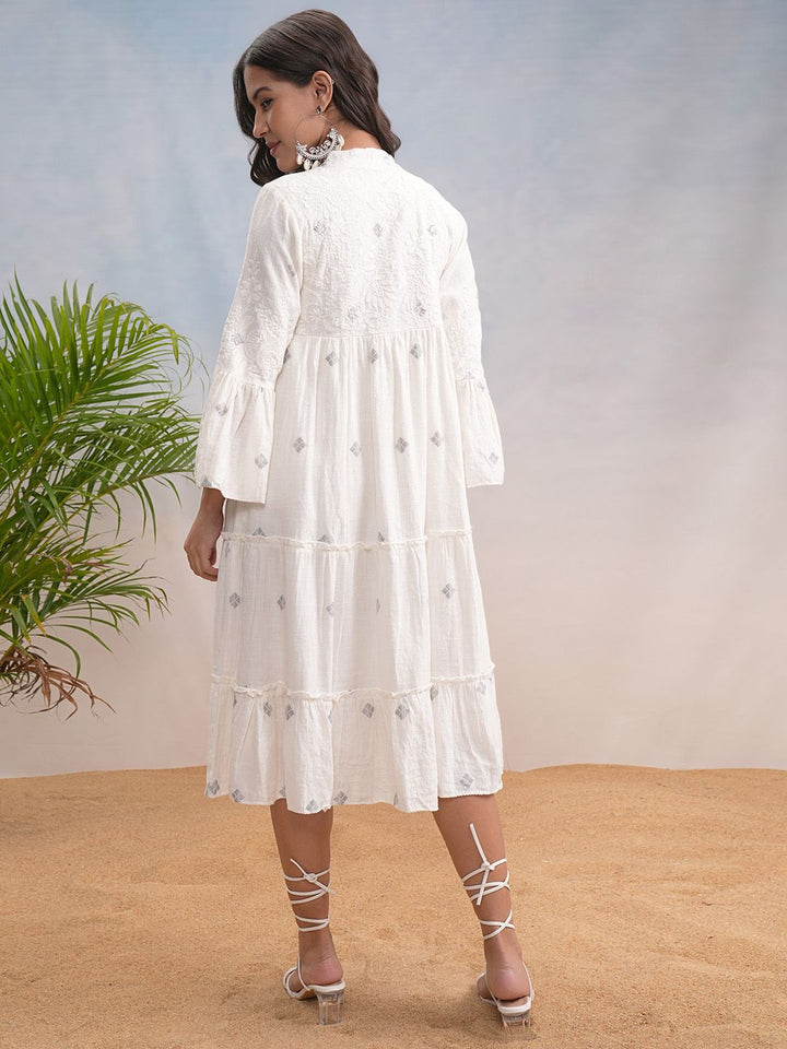 Vishudh Women Cotton Tie-up Neck Bell Sleeve Fit & Flare Midi Dress