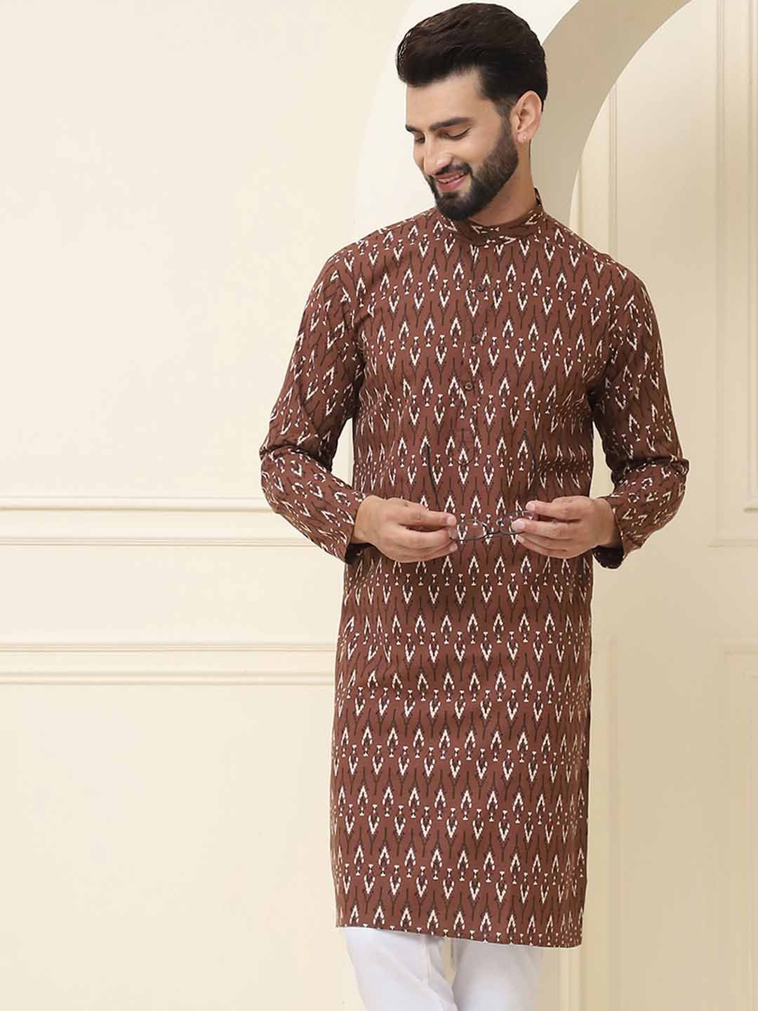 SOJANYA Motif Etnik Bercetak Kolar Jalur Biasa Kapas Tulen Kurta Lurus