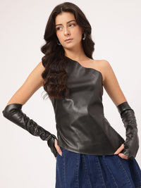 DressBerry Grunge Glam Faux Leather Asymmetric Top With Hand Gloves