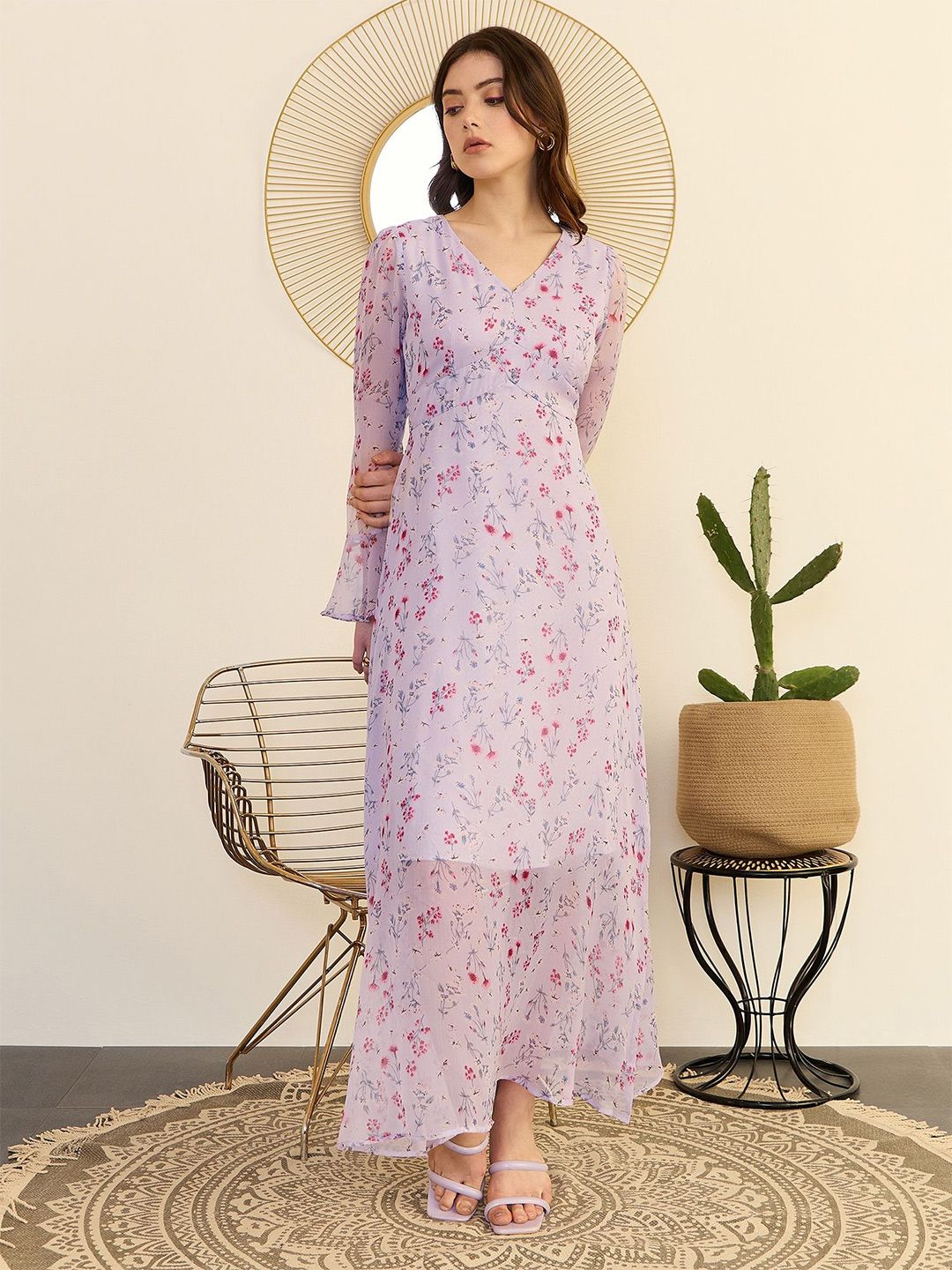 Berrylush Floral Printed Bell Sleeve Chiffon A-Line Maxi Dress
