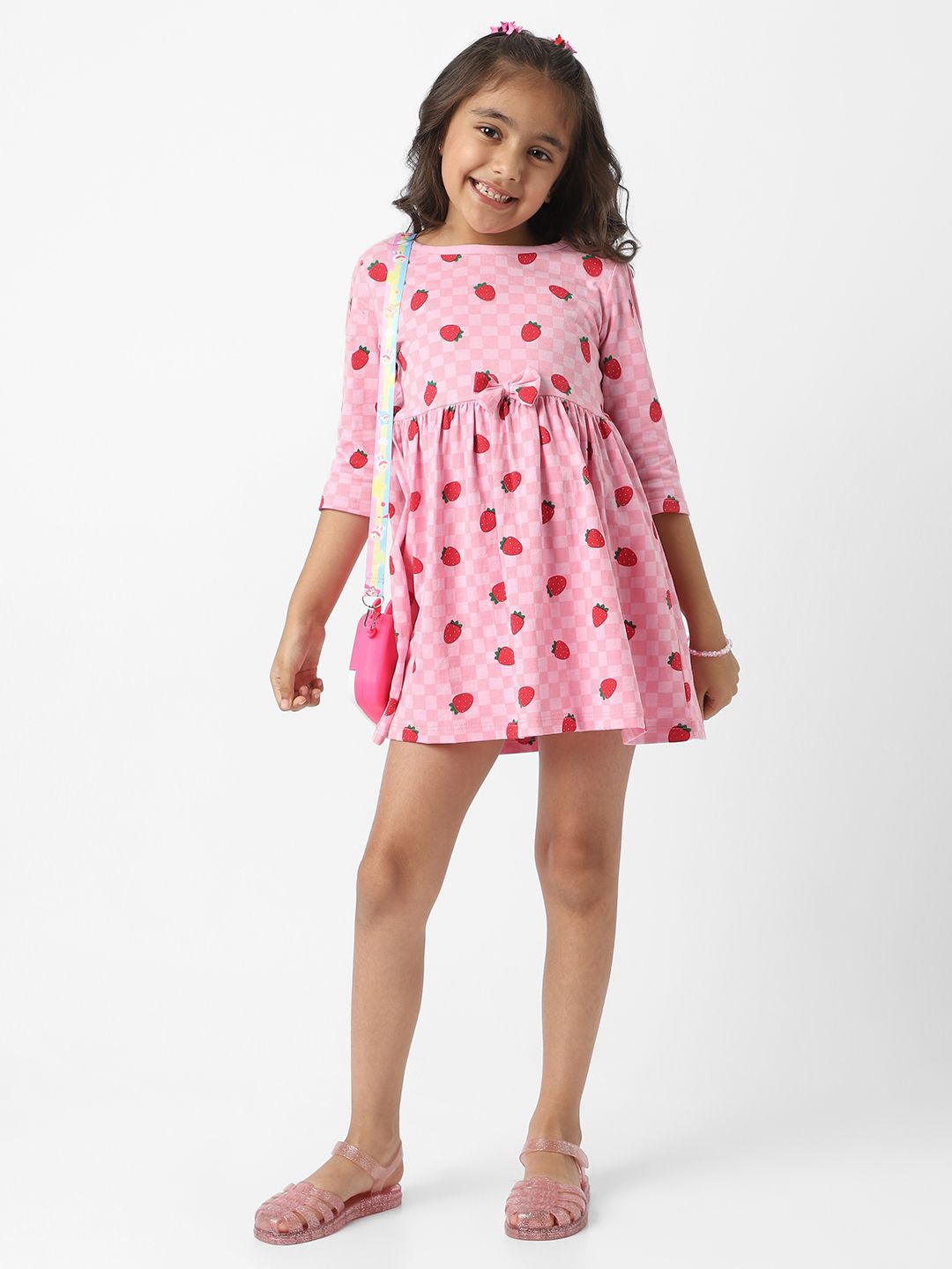 Nauti Nati Girls Pink Jersey Cotton Strawberry Print Dress