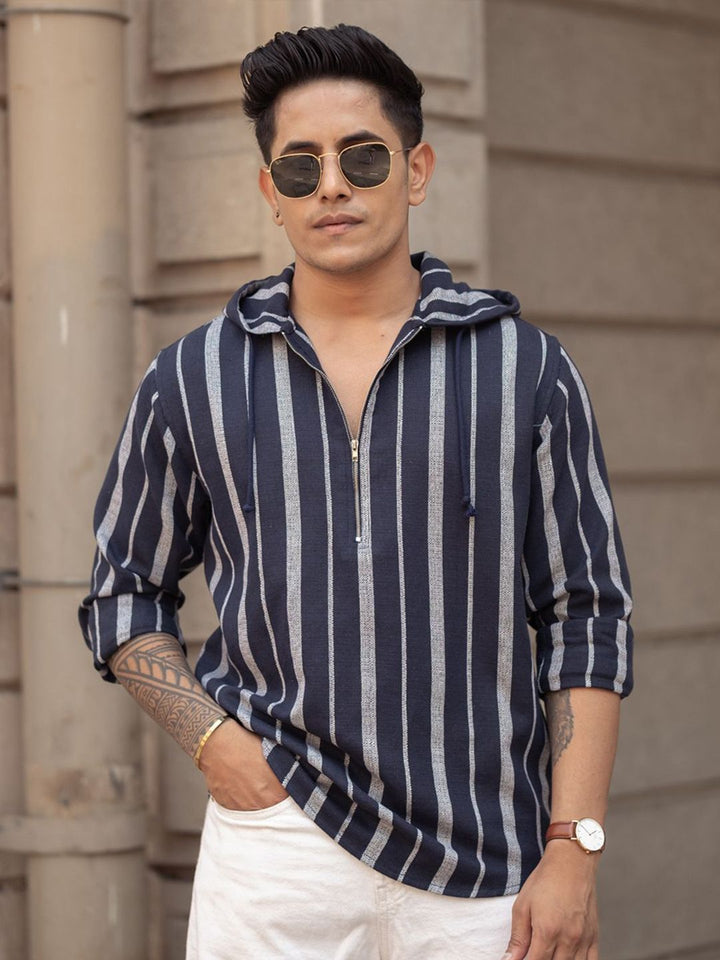 Powerlook Men Vertical Striped Hooded Casual Shirt