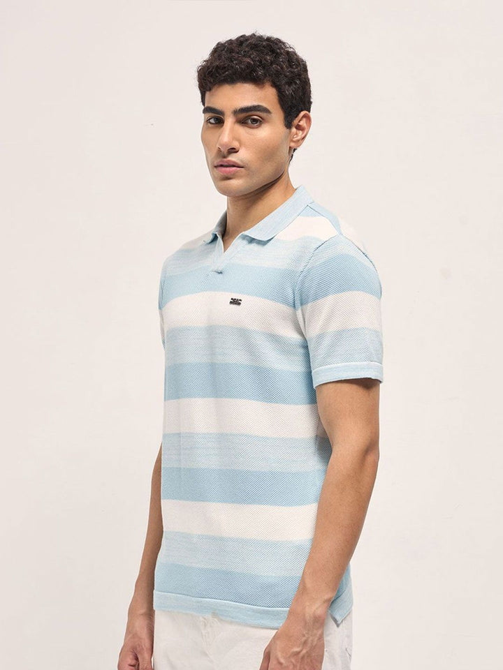 THE BEAR HOUSE Men Striped Polo Collar Cotton Slim Fit T-shirt