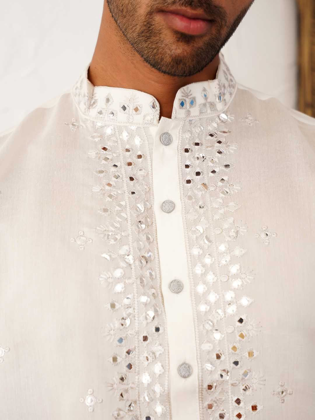 Jompers Embroidered Mandarin Collar Mirror Work Straight Kurta with Pyjamas