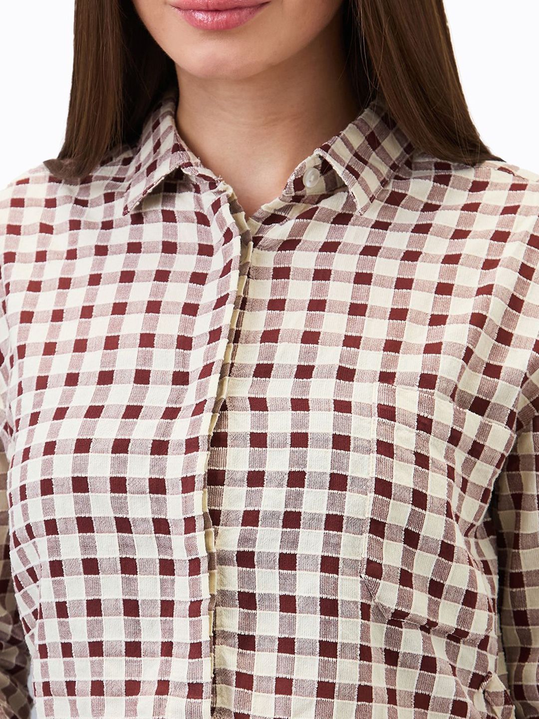SPYKAR Women Regular Fit Spread Collar Gingham Checked Cotton Crop Shirt